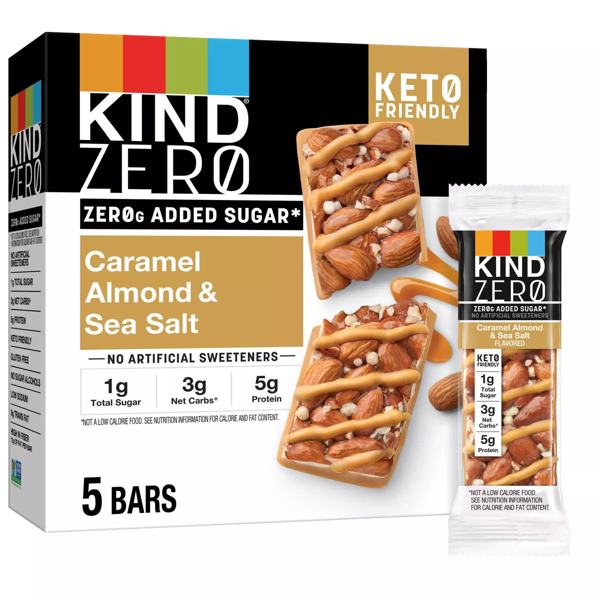 KIND ZERO Added Sugar Bars, Caramel Almond and Sea Salt Flavored, 6.2oz Box